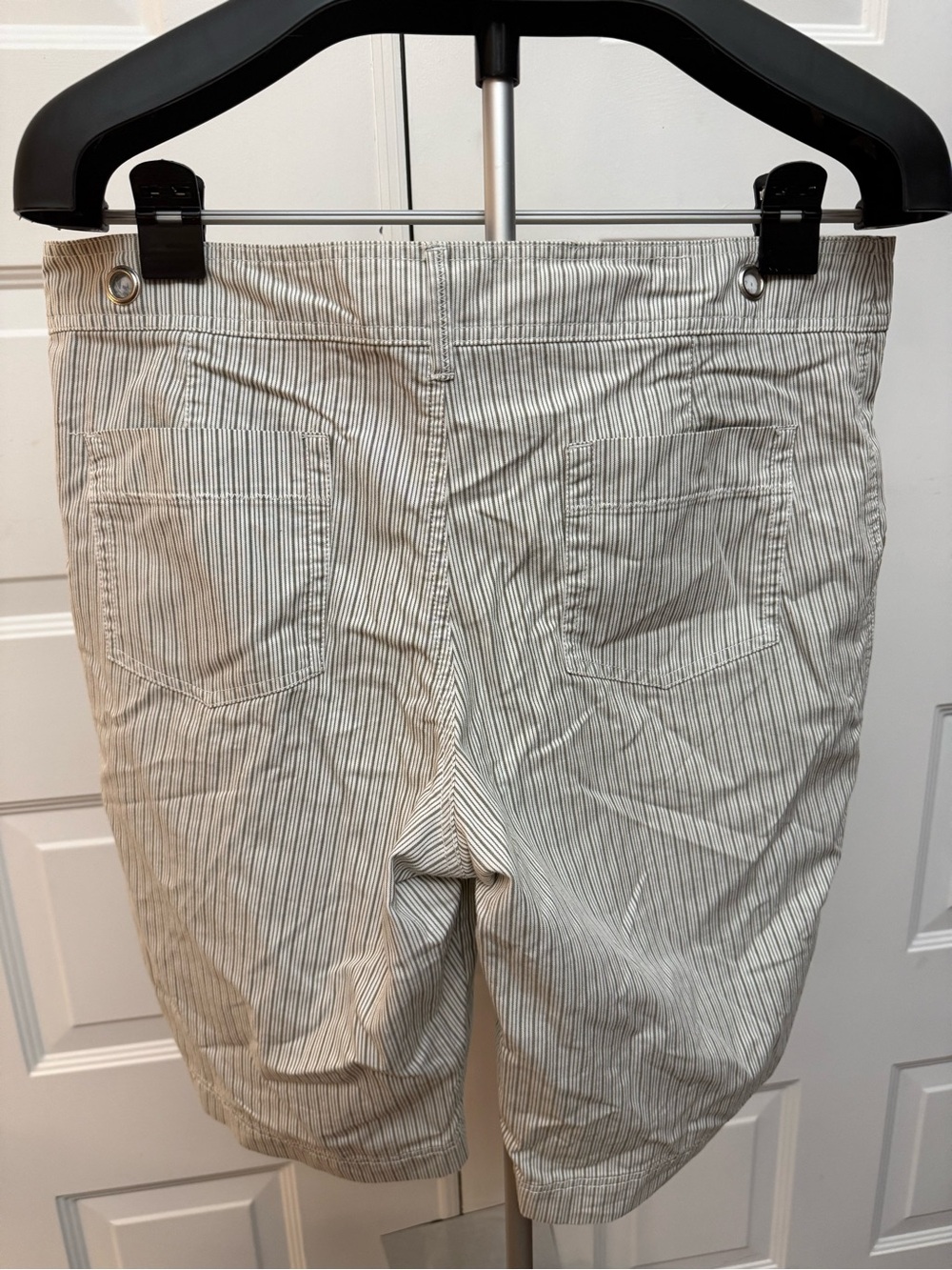 Weatherproof Women's White Pinstriped Bermuda Shorts with Olive Pocket Trim - Picture 6 of 9